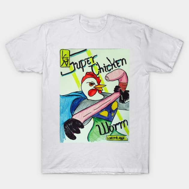 Super Chicken vs Worm T-Shirt by lorgh